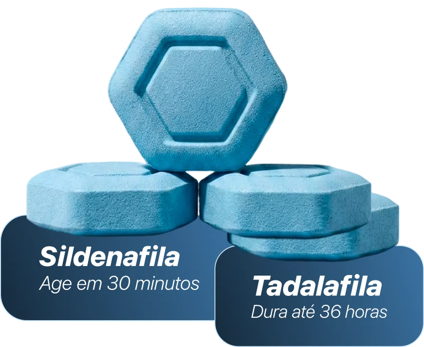 Pastilha Bluue: Sildenafila age em 30 minutos, Tadalafila dura até 36 horas